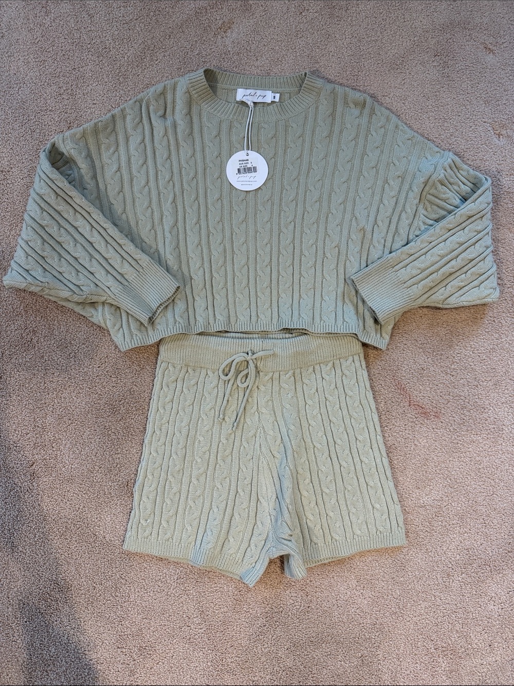 Petal & Pup Sage Green Cable Knit Cropped Sweater Set